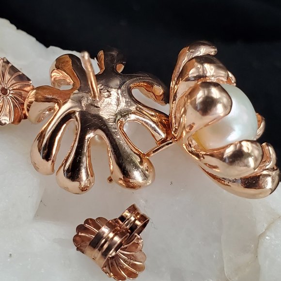 Sterling Silver 925/14K Rose Gold Studs Large Freshwater Pearls Earriings - Picture 9 of 11